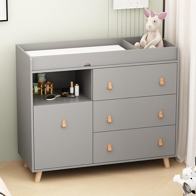 Baby Dresser Changing Table with Drawers,Shelf,Hidden Laundry Basket Storage,2 in 1 Nursery Dresser Chest for Infants, Baby Diaper Changing Station for Daycare,Bedroom,Grey-CubbioJoy