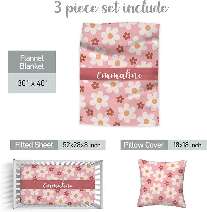 Custom Name Crib Bedding Set for Baby Girls – Personalized Pink Flower 3-Piece Nursery Bedding with Blanket, Fitted Sheet & Pillowcase – Baby Infant Toddler Shower Gift-CubbioJoy