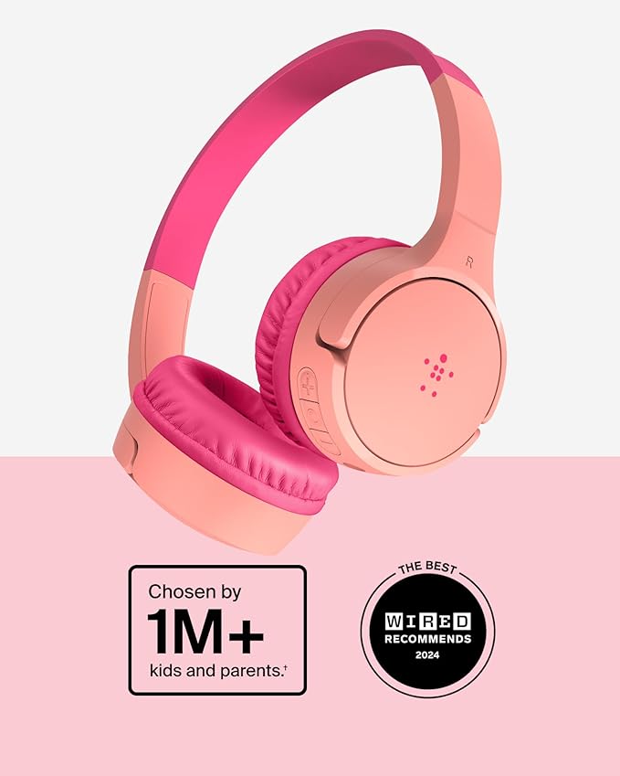 Belkin SoundForm Mini - Wireless Bluetooth Kids Headphones with 30H Battery Life, 85dB Safe Volume Limit, Built-in Microphone - Kids On-Ear Earphones for iPhone, iPad, Fire Tablet & More - Pink-CubbioJoy