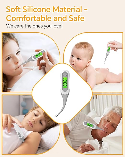 8 Seconds Digital Oral Thermometer for Adults and Kids, Accurate & Safe Baby Thermometer with Fever Alarm, 3 Backlits Display, Flexible Tip, Medical Basal Thermometer for Rectal, Underarm-CubbioJoy