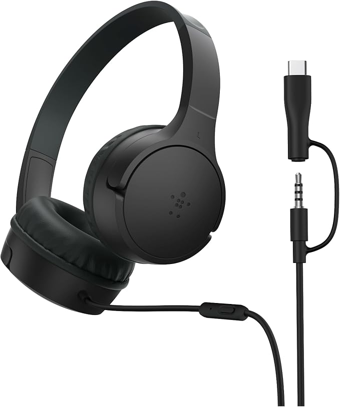 Belkin SoundForm Mini Kids Wired Headphones w/USB C to 3.5mm Dongle, Built-in Mic & Fun Stickers, 85dB Max Volume – for Online Learning, Travel, Compatible w/iPhone 16, iPad, Galaxy S25, etc - Black-CubbioJoy