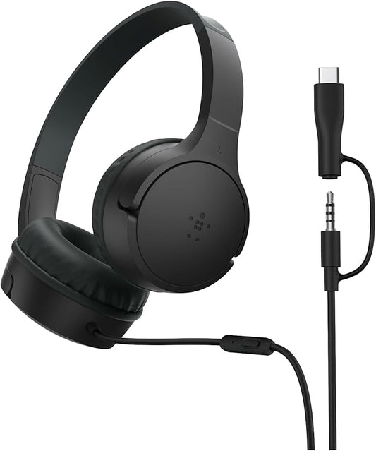 Belkin SoundForm Mini Kids Wired Headphones w/USB C to 3.5mm Dongle, Built-in Mic & Fun Stickers, 85dB Max Volume – for Online Learning, Travel, Compatible w/iPhone 16, iPad, Galaxy S25, etc - Black-CubbioJoy