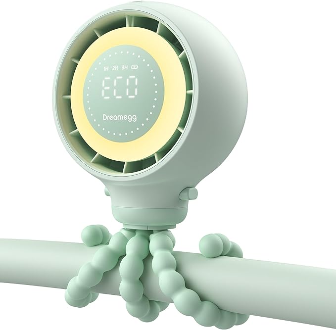 Dreamegg Portable Stroller Fan - 4000mAh Rechargeable Baby Stroller Fan With LED Display, Night Light, Hidden Blade, Detachable 4 Speed 360°Rotate, Handheld Cooling for Crib,Travel, Car Seat(Green)-CubbioJoy