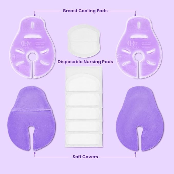 2 Larger Breast Ice Packs with Soft Covers and 6 Breast Pads for Leaking Milk, Hot and Cold Breast Therapy Packs, Breastfeeding Essentials for Relief of Clogged Ducts, Nipple Pain, Engorgement-CubbioJoy
