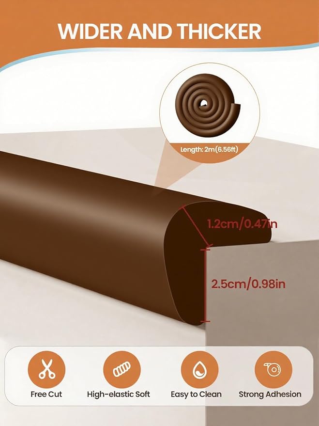 Baby Proof Edge Corner Protector, 6.56FT 0.47''Th L-Shape Furniture Corner & Edge Safety Bumpers with 6 Corners, Pre-Taped, Soft NBR Rubber Foam Desk Edge Cushion Wall Corner Protector（Coffee）-CubbioJoy