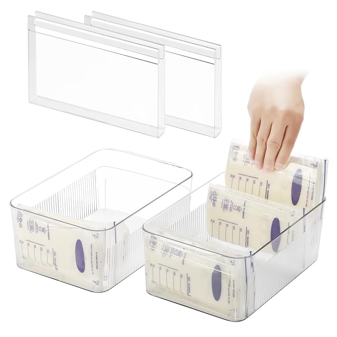 Breastmilk Storage Container with 4 Freezer Flattener Kit to Flatten Standing Breast Milk Bags in Organizer Bins Save Refrigerator Space |Horizontal Storage-CubbioJoy