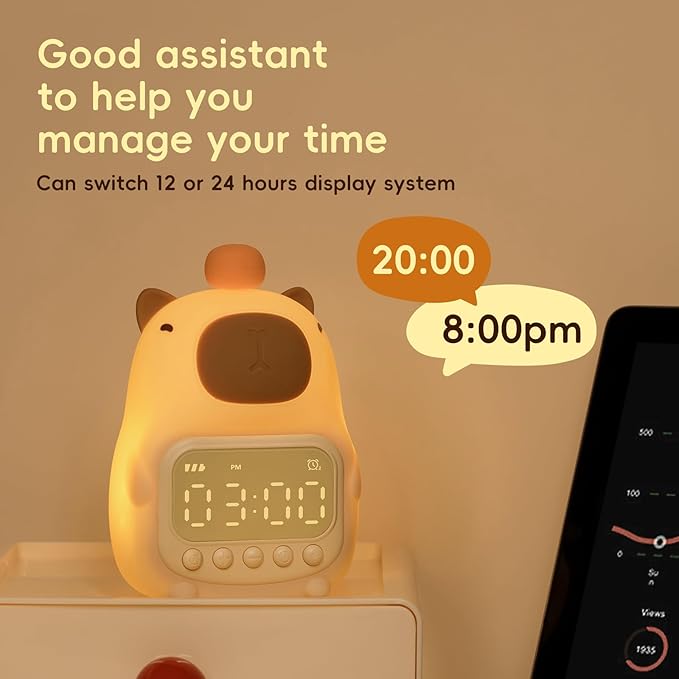 Capybara Alarm Clock with Night Light for Kids, Cute Toddler Alarm Clocks for Bedrooms Ok to Wake Clocks for Girls and Boys, Silicone Animal Tabletop Lamp for Kid, RGB Color-CubbioJoy