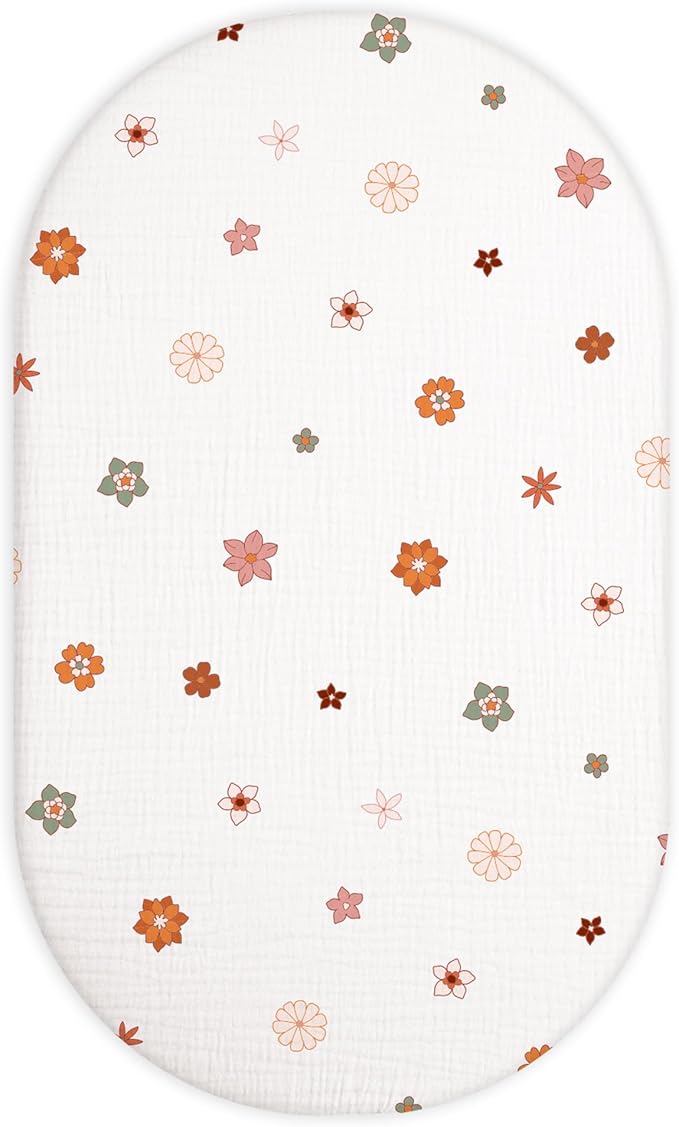 Bassinet Sheet for Baby Boy and Girl, Fitted Sheets for Rectangle, Oval, Hourglass Bassinet Mattress, Muslin Moses Basket Sheets with Neutral Style (Flower-B)-CubbioJoy