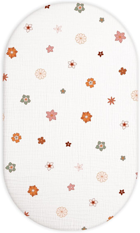 Bassinet Sheet for Baby Boy and Girl, Fitted Sheets for Rectangle, Oval, Hourglass Bassinet Mattress, Muslin Moses Basket Sheets with Neutral Style (Flower-B)-CubbioJoy