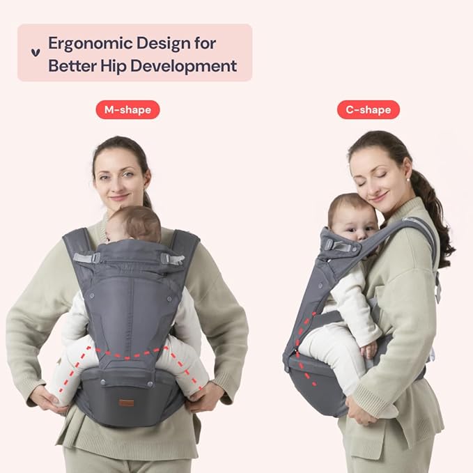 BabbleRoo Grow Carrier – Safety-Certified 6-in-1 Baby Carrier with Hip Seat, Ergonomic & Adjustable Toddler Carrier 7-50 lbs with Hip Support, Hood for Sun Protection, Newborn to Toddler, Gray-CubbioJoy