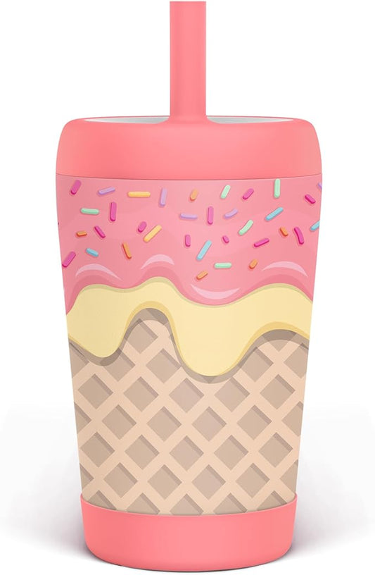 Kid Insulated Stainless Steel Tumbler with Silicone Straw, 12oz Sippy Cup for Kids (Sweet Ice Cream)-CubbioJoy