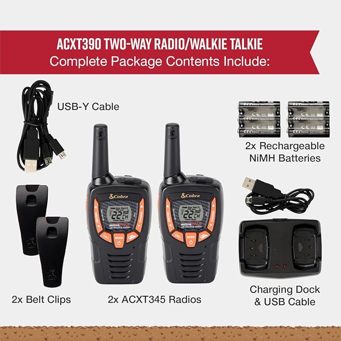 Cobra ACXT390 Walkie Talkies - Rechargeable, Lightweight, 22 Channels, 25-Mile Range Two-Way Radios with VOX (2-Pack)-CubbioJoy