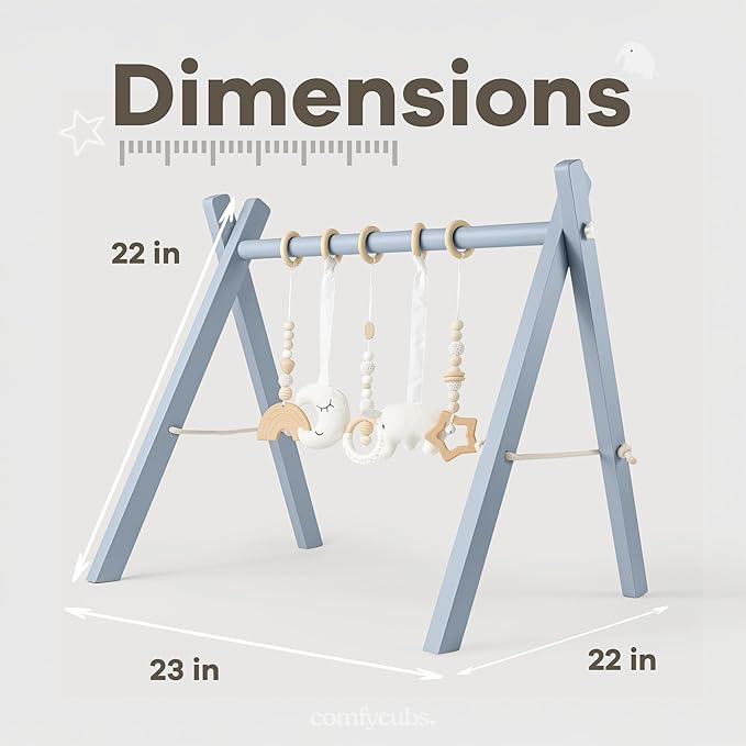 Comfy Cubs Wooden Baby Play Gym - Natural Finish Pinewood Baby Activity Gym with 5 Sensory Hanging Toys - Easy No-Tool Assembly, Safe and Durable for Infant Motor and Visual Development - Pacific Blue-CubbioJoy
