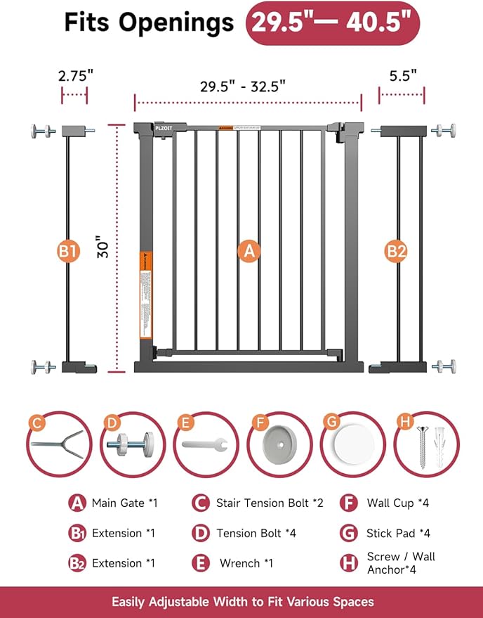 29.5-40.5" Baby Gate for Stairs, Dog Gate for Doorways, Walk Thru Auto Close Metal Baby Safety Gate for The House, Stairs and Doorways, Child Gate Pressure Mounted, Pet Gate for Dog Indoor - Black-CubbioJoy