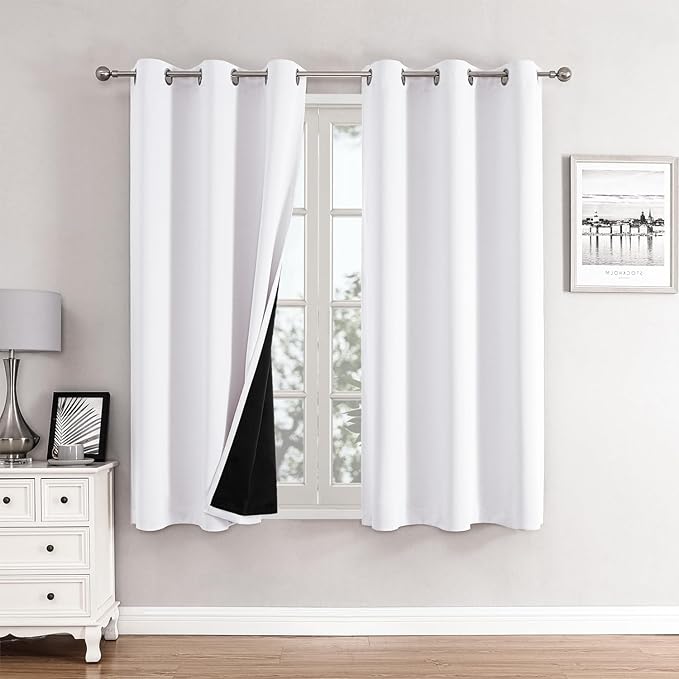 ChrisDowa 100% Blackout Curtains 63 inch Long for Bedroom with Black Liner, 2 Thick Layers Total Blackout Thermal Insulated Grommet Window Curtains 2 Panels Set (Pure White, 38 x 63 Inch)-CubbioJoy