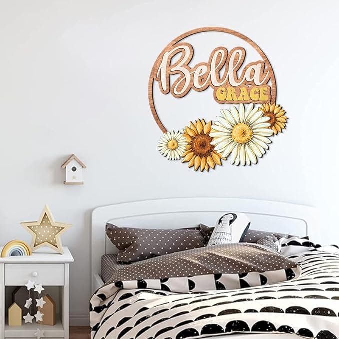 Custom wooden nursery name sign, Boho nursery wood 2 layer, Floral nursery name sign for girls, Daisy Sunflower Baby name signs for nursery, Wood name signs, Baby shower, Nursery decor flower gift/18-CubbioJoy