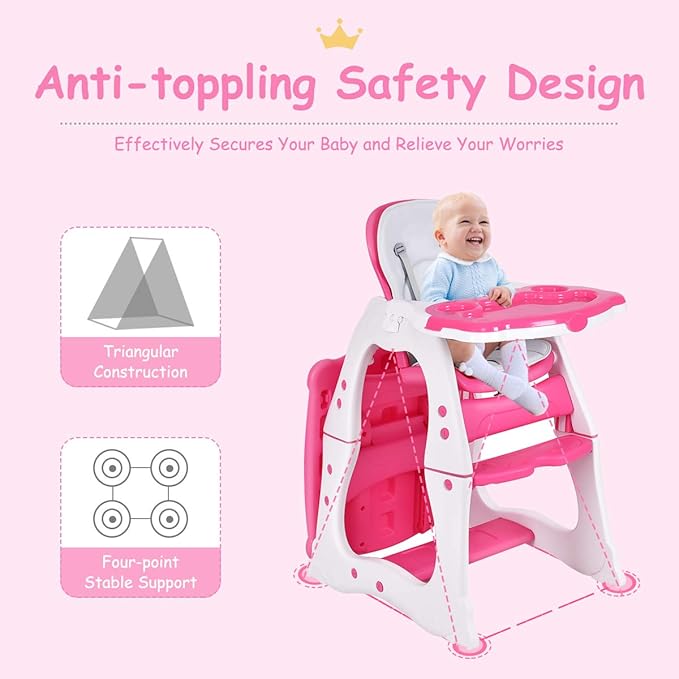 Costzon Baby High Chair, 3 in 1 Infant Table and Chair Set, Convertible Booster Seat with 3-Position Adjustable Feeding Tray, Adjustable Seat Back, 5-Point Harness (Pink)-CubbioJoy