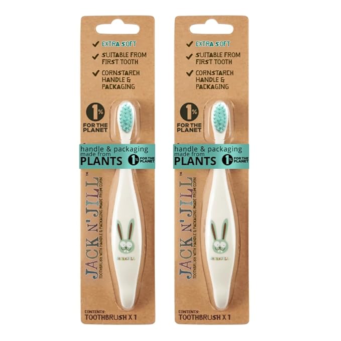 Jack N' Jill Kids Toothbrush - Extra Soft Bristle Toothbrush for Kids, Handle & Packaging Made from Plants (Corn), Ergonomic Handle for Little Hands - Bunny Baby (2 Pack)-CubbioJoy