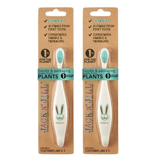 Jack N' Jill Kids Toothbrush - Extra Soft Bristle Toothbrush for Kids, Handle & Packaging Made from Plants (Corn), Ergonomic Handle for Little Hands - Bunny Baby (2 Pack)-CubbioJoy