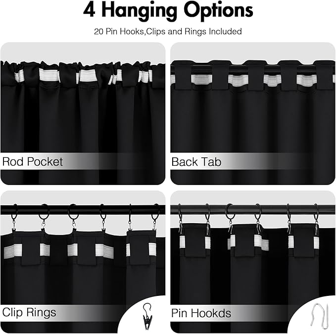 ANRODUO Back Tab Blackout Curtains for Bedroom Living Room, Rod Pocket Pinch Pleated Thermal Insulated Room Darkening Curtains 96 Inches Long 2 Panels, Black, 52 x 96 Inch-CubbioJoy
