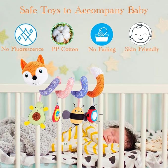 Car Seat Toys, Baby Plush Spiral Hanging Toys for Stroller Crib Bar Bassinet Car Seat Mobile with Music Box BB Squeaker Rattles- Orange Fox-CubbioJoy