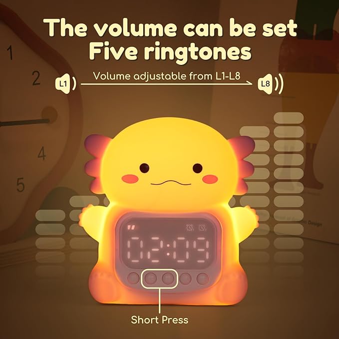 Axolotl Alarm Clock with Night Light for Kids, 7 RGB Color Cute Alarm Clocks for Bedrooms Ok to Wake Clocks, Silicone Animal Tabletop Lamp for Teen Girls Boys-CubbioJoy