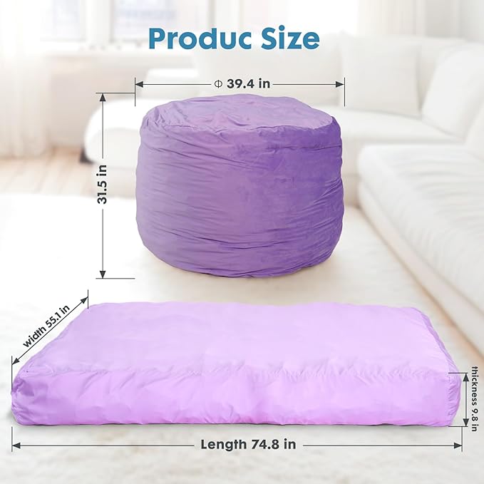 Bmag Giant Bean Bag Chair for Adults, 6FT Bean Bag Chair Convertible Bean Bag Pad, Large Chairs with Memory Foam Filler, Removable Washable Cover for Living Room Bedroom Office - Purple-CubbioJoy