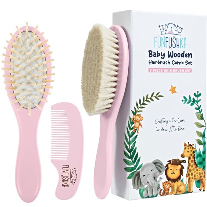 Baby Hair Brush Set for Newborns - Baby Brush and Comb Set - Ultra Soft Goat Hair Bristles, Perfect for Cradle Cap, Newborn Showers & Registries Gift, Comb Brush for Girls & Boys (Rosa)-CubbioJoy
