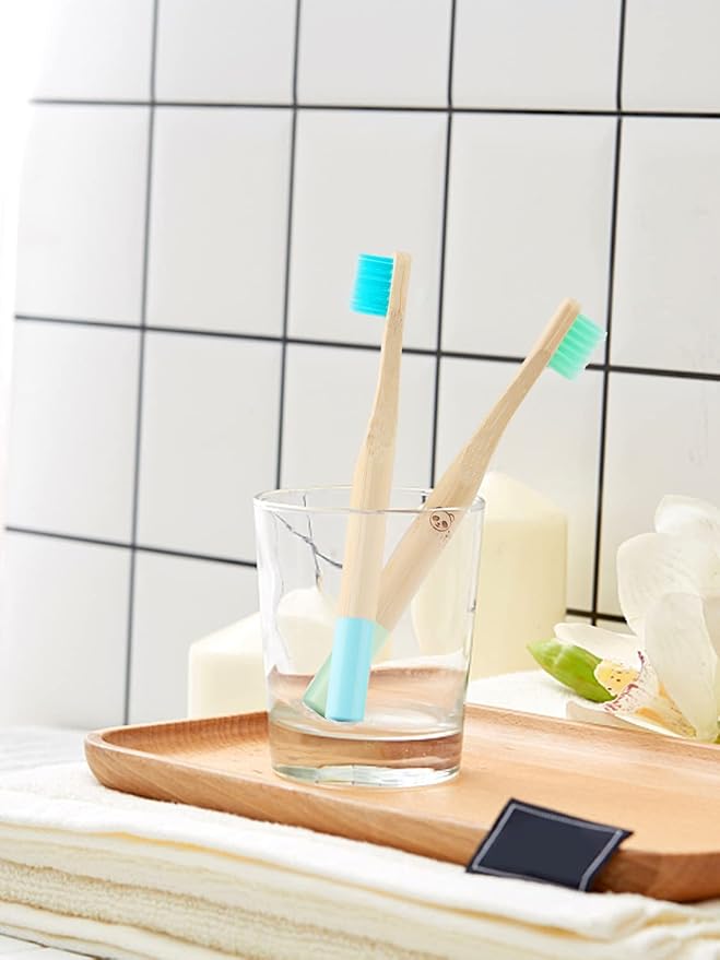 Bamboo Kids Toothbrushes (6 Pack) - Soft Bristle Organic Compostable BPA Free Toothbrush for Kids Toddler Baby Tooth Brush, Eco Friendly Natural Biodegradable Wooden Toothbrush - Round Handle-CubbioJoy