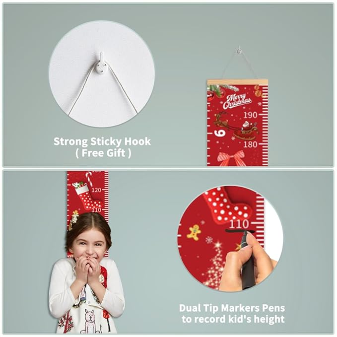 Christmas Decorations, Growth Chart for Wall, Height Chart for Kids, Xmas Nursery Decor, Hanging Ruler Wall Decor, Baby Room Decor, Christmas Gifts for Boys Girls - 76.7 x 7.9 inch with Beige Wood-CubbioJoy