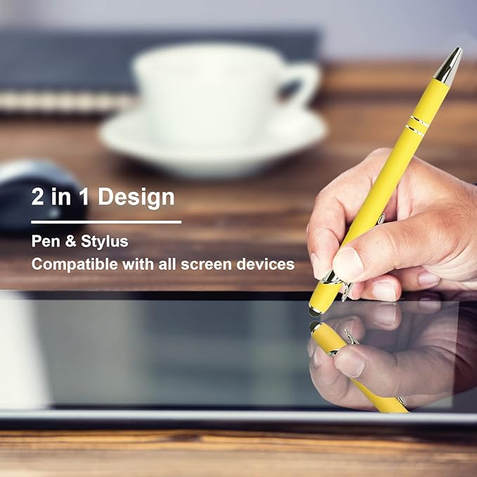 Ballpoint Pen with Stylus Tip, Soft Touch Click Metal Pen, 1.0mm Medium Point, Black Ink, 12 Count(Yellow)-CubbioJoy