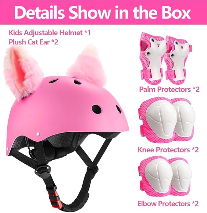 Kids Bike Helmet with Knee Elbow Wrist Pads Guards,Pink,for Ages 2-3-5-8-14,Sports Bicycle,Skate Scooter,Rollerblading with Unicorn Sticker-CubbioJoy