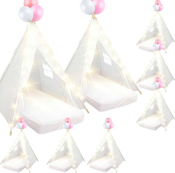 8 Pack Sleepover Tent for Girls Party,Teepee Tent for Kids Slumber Party Bulk with Light String,Air Mattress,Fitted Sheet,Washable Natural Cotton Toddler Teepee Indoor Outdoor(White)-CubbioJoy