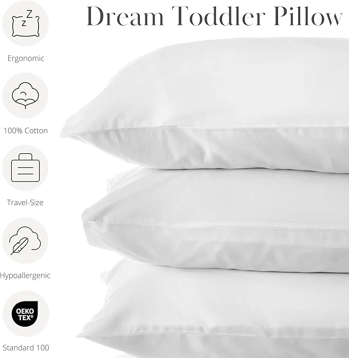 Dreamland Baby Premium Toddler Pillow and White Pillowcase, 13 x 18. Machine Washable, Ergonomic Kids Pillow + Ultra Soft Viscose Pillowcase. Mom-Owned US Business, Premium Materials-CubbioJoy
