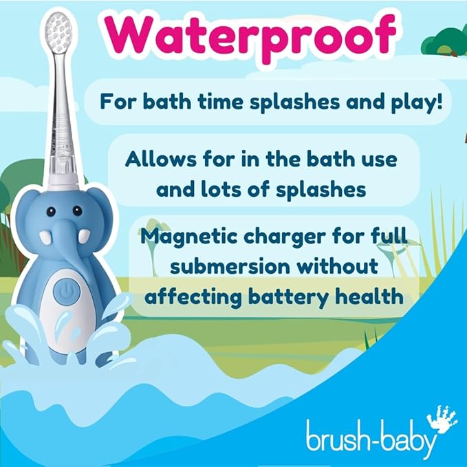brush-baby WildOnes Kids Electric Rechargeable Toothbrush Elephant, 1 Handle, 3 Brush Heads, USB Charging Cable, for Ages 0-10 (Elephant)-CubbioJoy