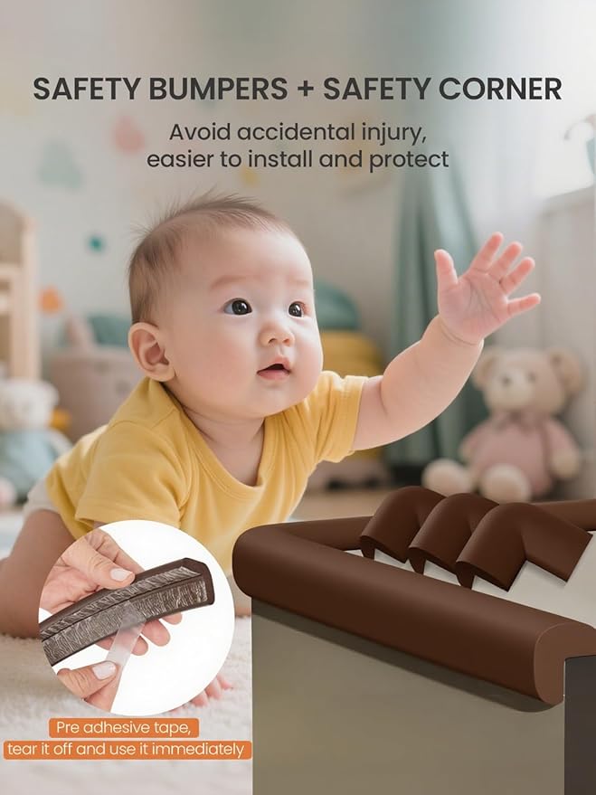 Baby Proof Edge Corner Protector, 6.56FT 0.47''Th L-Shape Furniture Corner & Edge Safety Bumpers with 6 Corners, Pre-Taped, Soft NBR Rubber Foam Desk Edge Cushion Wall Corner Protector（Coffee）-CubbioJoy