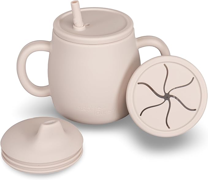 4-in-1 Silicone Sippy Cup with Snack and Straw Lid 6oz | Transition Training Cup for 6+ months to Toddler (Beige)-CubbioJoy