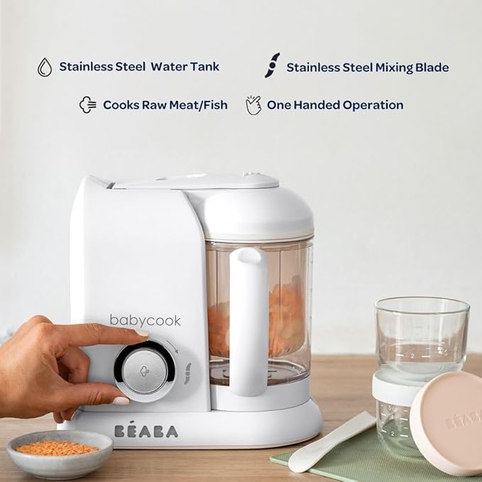 BEABA Babycook Solo 4 in 1 Baby Food Maker, Puree Steamer and Blender for Purees, Grinder with Auto Steam Cooking, Lrg Capacity 4.5 Cups 27 Servings in 20 Mins, Eucalyptus-CubbioJoy
