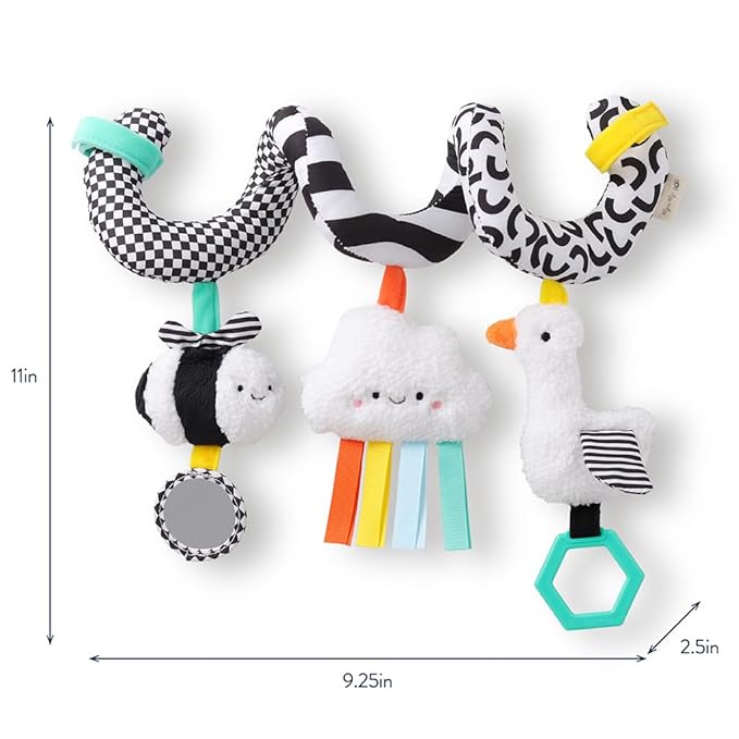 Itzy Ritzy Spiral Car Seat & Stroller Activity Toy - Stroller & Car Seat Toys for Ages 0 Months and Up - Hanging Toys Include Dangling Ring, Mirror and Textured Ribbons (High Contrast)-CubbioJoy