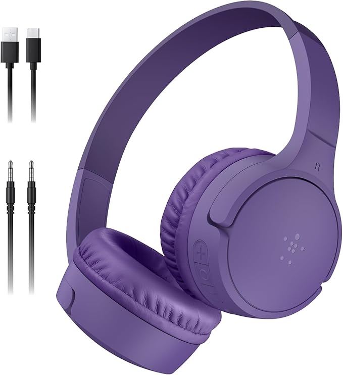 Belkin SoundForm Mini - Wireless Bluetooth Kids Headphones, 30H Battery, 85dB Safe Volume Limit, Built-in Microphone - Toddler On-Ear Earphones for iPhone, iPad, Fire Tablet, Ideal for School - Purple-CubbioJoy