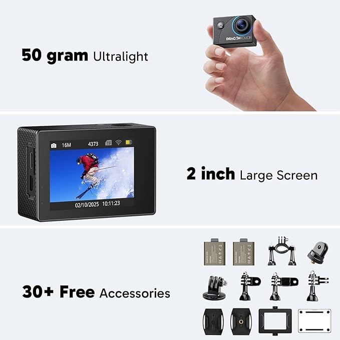 Dragon Touch 4K Action Camera 20MP Vision 3 Underwater Waterproof Camera 170° Wide Angle WiFi Sports Cam with Remote 2 Batteries and Mounting Accessories Kit-CubbioJoy