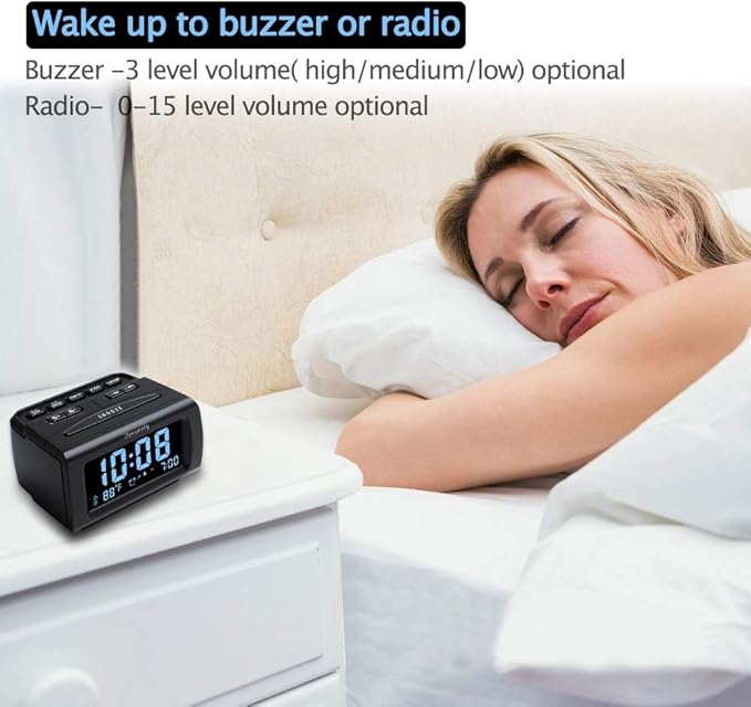 DreamSky Alarm Clock Radios for Bedrooms with Battery Backup, Large Big Numbers with Brightness Dimmer, USB Port, Bedside Digital FM Radio with Sleep Timer, Temperature, Adjustable Volume, Snooze-CubbioJoy