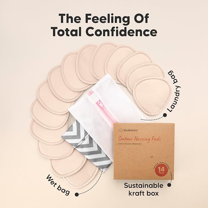 14-Pack Organic Nursing Pads - Washable Breast Pads for Breastfeeding, Nursing Bra Nipple Pads for Breastfeeding, Pumping Bra Reusable Breast Pad, Maternity Breastfeeding Bra Pad (Bare Beige, L 4.8")-CubbioJoy