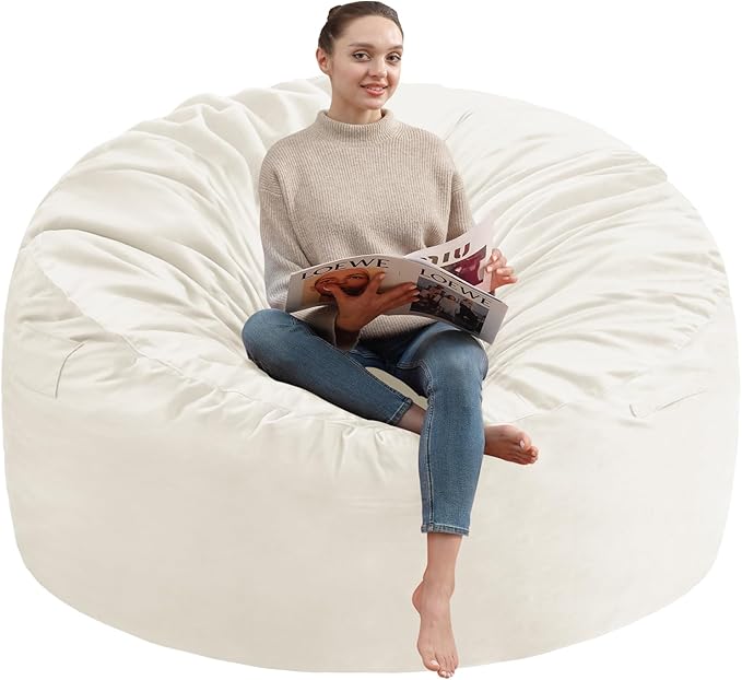 3FT Bean Bag Chair, Comfy Bean Bag Chairs with Memory Foam Filled, Fluffy Beanbag Sofa with Dutch Velvet Cover, Round BeanBag Chairs for Living Room, Playroom - Beige-CubbioJoy