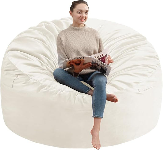 3FT Bean Bag Chair, Comfy Bean Bag Chairs with Memory Foam Filled, Fluffy Beanbag Sofa with Dutch Velvet Cover, Round BeanBag Chairs for Living Room, Playroom - Beige-CubbioJoy