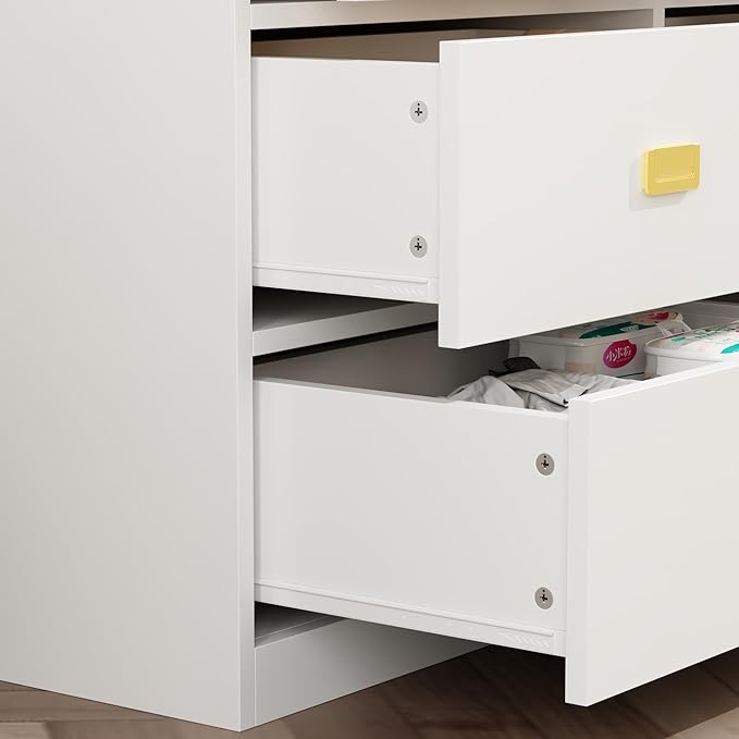 6 Drawer Baby Dresser, Nursery Dresser with Changing Topper, Long Cabinet for Infant Cloth Organize, Changing Station for Nursery and Kids Bedroom Storage, White (45.3" W x 18.9" D x 30.1" H)-CubbioJoy