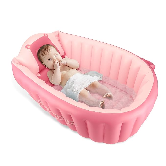 Inflatable Baby Bath Tub Portable Foldable Travel Mini Swimming Pool Helps Infants to Toddler Tub (Pink)-CubbioJoy