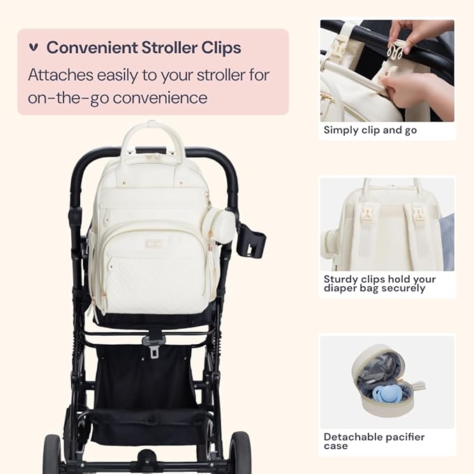 BabbleRoo Leather Diaper Bag Backpack - Baby Essentials Travel Baby Bag, Multi function, Waterproof, with Changing Pad, Stroller Straps & Pacifier Case – Unisex, Eggshell White-CubbioJoy