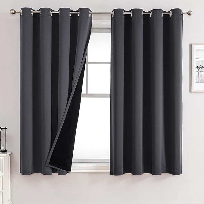 ChrisDowa 100% Blackout Curtains for Bedroom with Black Liner, 2 Thick Layers Total Blackout Thermal Insulated Grommet Small Window Curtains 54 Inch Long 2 Panels Set (Dark Grey, 52 x 54 Inch)-CubbioJoy