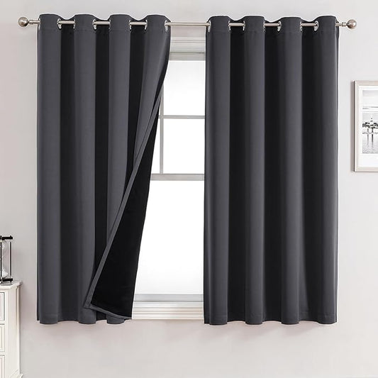 ChrisDowa 100% Blackout Curtains for Bedroom with Black Liner, 2 Thick Layers Total Blackout Thermal Insulated Grommet Small Window Curtains 54 Inch Long 2 Panels Set (Dark Grey, 52 x 54 Inch)-CubbioJoy